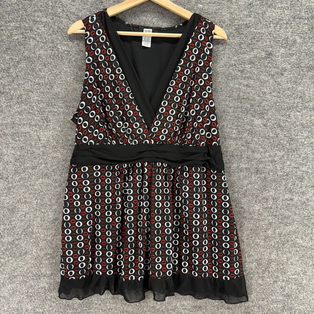 Studio Blouse Women 22/24 Plus Black Geometric V-Neck Sleeveless Wide Strap
